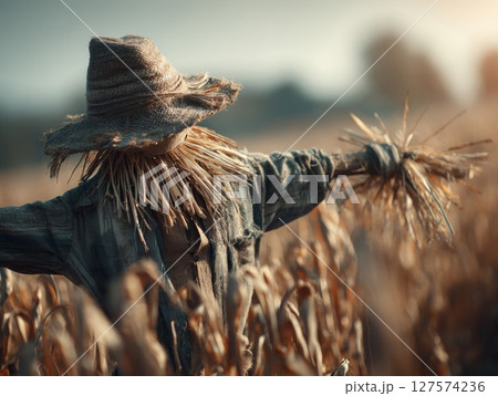 Weathered Scarecrow in a Golden Cornfield at Sunset 127574236