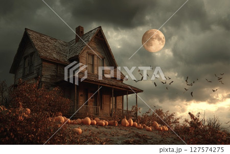 Spooky Farmhouse at Night with Bats and Pumpkins 127574275