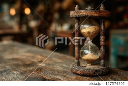 Antique Hourglass on Rustic Wooden Table 127574295