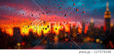 Cityscape Sunset Through Rain-Covered Window 127574296