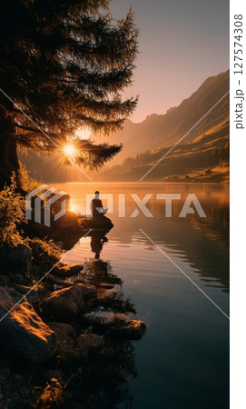 Person Silhouetted at Sunrise Over a Calm Mountain Lake 127574308