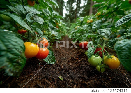 Ripe Red And Yellow Tomatoes Growing In Garden Rows 127574311