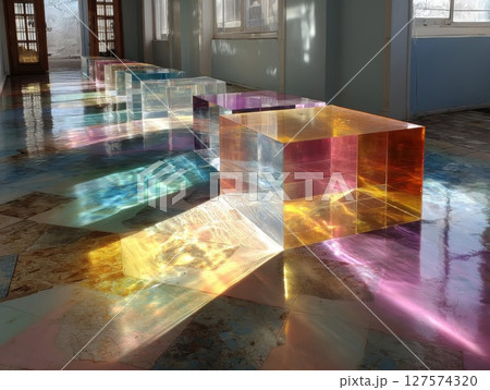 Colorful Glass Cubes Reflecting Light in Modern Interior 127574320