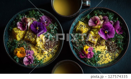 Overhead Shot of Two Bowls of Yellow Vegan Food Topped with Purple Flowers 127574335