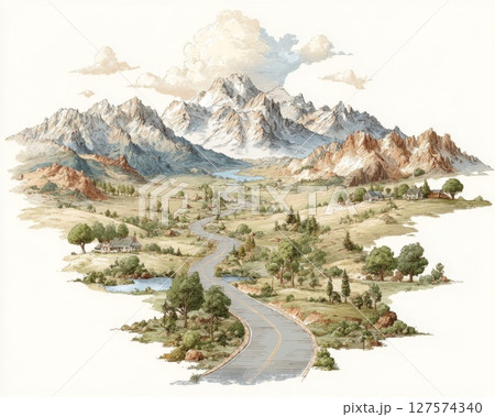 Winding Road Through a Mountain Valley Landscape 127574340