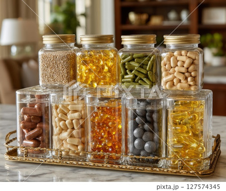 Assortment of Vitamins and Supplements in Glass Jars Assortment of Vitamins and Supplements in Glass Jars 127574345