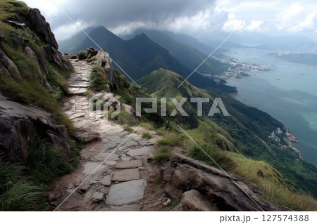 Mountain Hiking Trail with Panoramic Coastal View 127574388