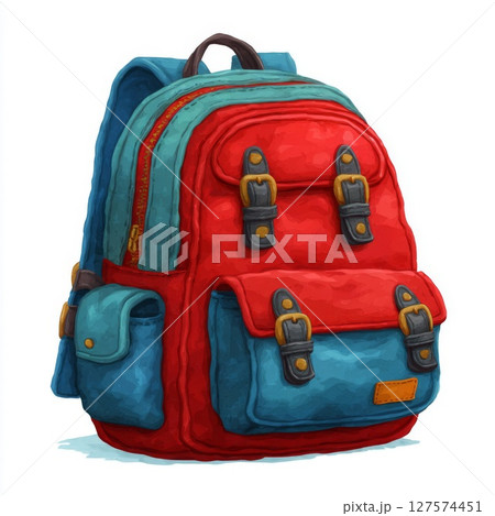 Red and Blue Canvas Backpack with Buckles 127574451