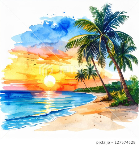 Vibrant Watercolor Sunset Over Tropical Beach 127574529