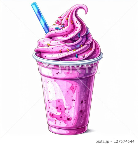 Pink Strawberry Milkshake with Whipped Cream and Sprinkles 127574544