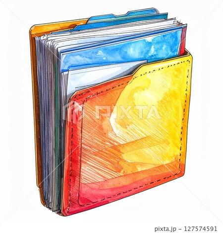 Watercolor Illustration of Colorful Folder with Documents 127574591