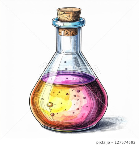 Glass Bottle with Multicolored Liquid and Cork 127574592