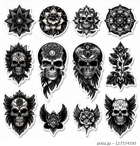 Black And White Skull And Floral Mandala Tattoo Designs 127574595