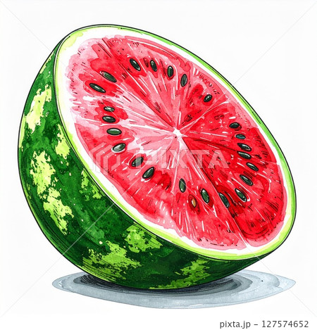 Juicy Sliced Watermelon Illustration, Red and Green Fruit 127574652