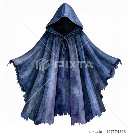 Dark Blue Hooded Cloak Watercolor Painting 127574868