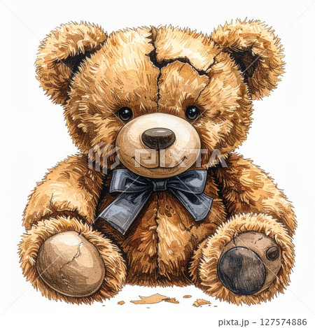 Brown Teddy Bear with a Crack Sitting on White Background 127574886
