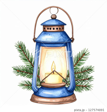 Blue Oil Lantern with Candle and Pine Branches 127574891
