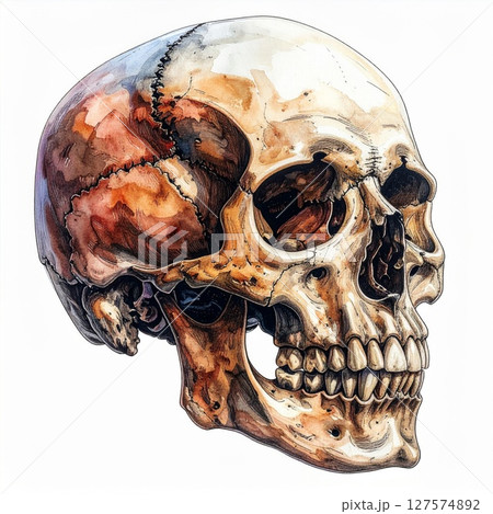 Watercolor Painting of a Detailed Human Skull 127574892