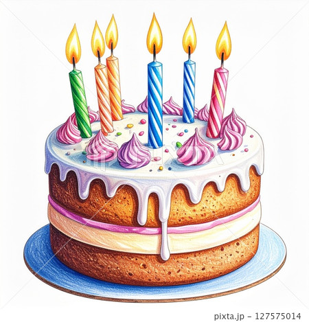 Colorful Birthday Cake with Lit Candles Colorful Birthday Cake with Lit Candles 127575014