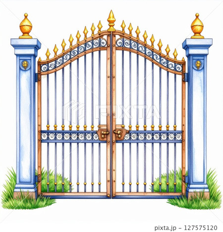 Ornamental Iron Gate with Pillars and Gold Accents Ornamental Iron Gate with Pillars and Gold Accents 127575120
