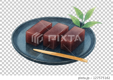 Watercolor illustration of elegant mizu yokan on a black plate 127575162
