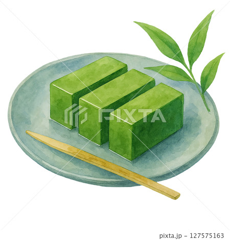 爽やかな抹茶水ようかんの水彩イラスト 爽やかな抹茶水ようかんの水彩イラスト 127575163