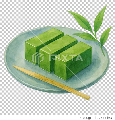 Watercolor illustration of refreshing matcha water yokan 127575163