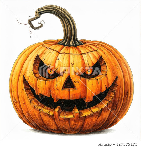 Glowing Orange Halloween Pumpkin with Scary Face 127575173