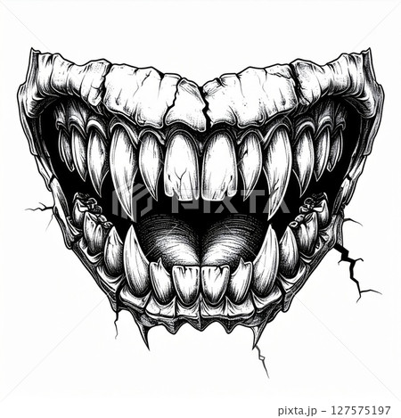 Detailed Monochrome Drawing of a Fanged Monster Mouth 127575197
