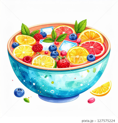 Vibrant Fruit Salad in a Blue Bowl Watercolor Illustration Vibrant Fruit Salad in a Blue Bowl Watercolor Illustration 127575224