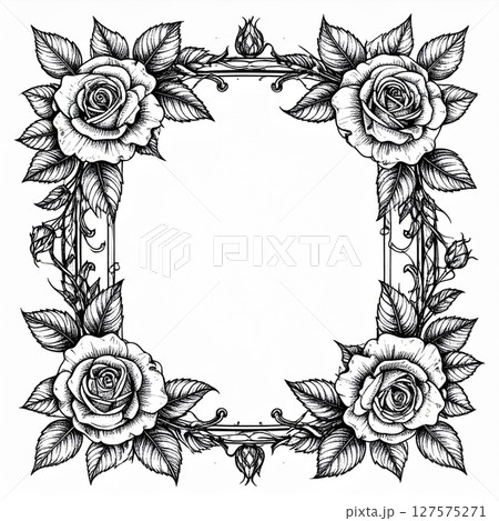 Ornate Black And White Rose Floral Frame 127575271