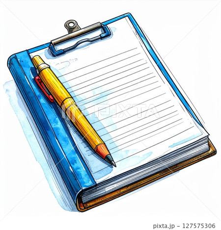 Blue Clipboard with Yellow Pen and Blank Paper Blue Clipboard with Yellow Pen and Blank Paper 127575306