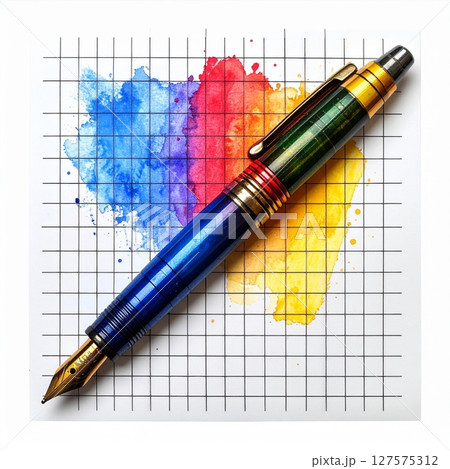 Blue Fountain Pen on Watercolor Grid Paper 127575312
