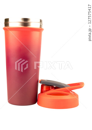 Red water bottle on white drink 127575417