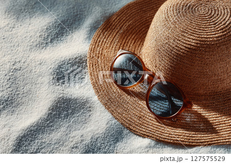 Straw sun hat and sunglasses on beach sand 127575529
