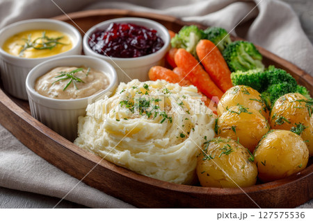 Mashed potatoes with sauces and vegetables on wooden tray Mashed potatoes with sauces and vegetables on wooden tray 127575536