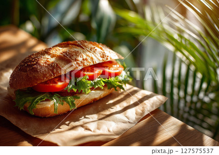 Fresh sandwich with lettuce and tomato on sesame bun in sunlight 127575537