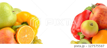 Fruits and vegetables isolated on a white background. There is free space for text. Collage. 127575587