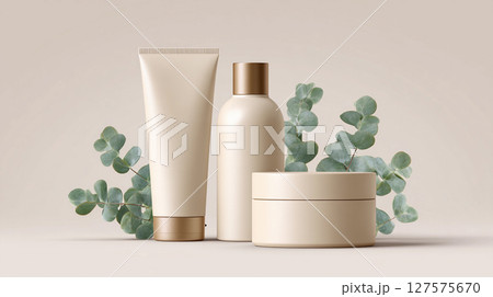 mockup empty bottle set cosmetics skin and body care with green plants 127575670