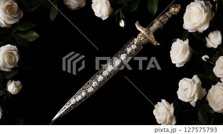 Ornate dagger surrounded by white roses 127575793
