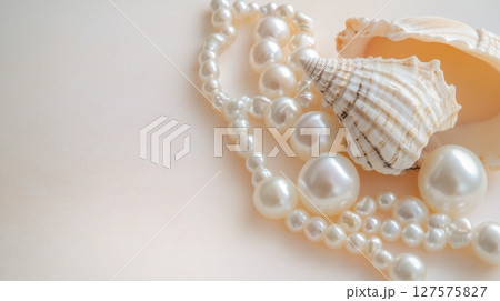 Seashell and Pearl Arrangement on Soft Pastel Background Seashell and Pearl Arrangement on Soft Pastel Background 127575827