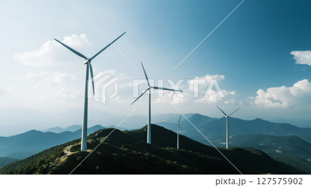 Wind Turbines on Mountains with Digital Network Overlay 127575902
