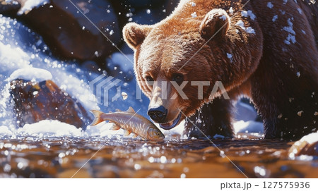 A brown bear catching a fish in a mountain river 127575936
