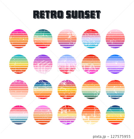 Grunge vintage colorful sunset. Striped gradient sunrise badges in 80s and 90s style. Sun and ocean view, summer vibes, surfing. Design element for print, logo or t-shirt. Vector illustration 127575955