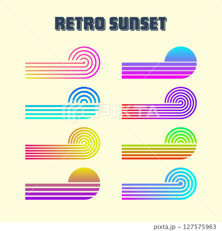 Vintage colorful sunset. Various gradient striped sunrise badges in 80s and 90s style. Sun and ocean view, summer vibes, surfing. Design element for print, logo or t-shirt. Vector illustration 127575963