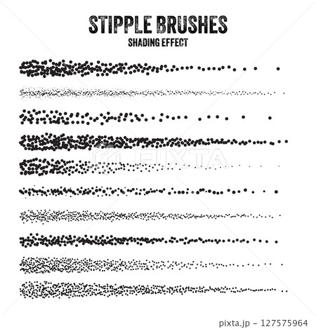 Ink scatter brush, stipple drawing and texturing. Fading gradient. Stippling, dotwork drawing, shading using dots. Halftone disintegration effect. White noise grainy texture. Vector illustration Ink scatter brush, stipple drawing and texturing. Fading gradient. Stippling, dotwork drawing, shading using dots. Halftone disintegration effect. White noise grainy texture. Vector illustration 127575964