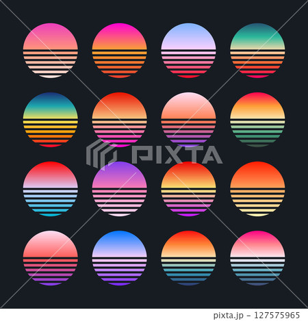 Vintage colorful sunset. Striped gradient sunrise badges in 80s and 90s style. Sun and ocean view, summer vibes, surfing. Design element for print, logo or t-shirt. Vector illustration Vintage colorful sunset. Striped gradient sunrise badges in 80s and 90s style. Sun and ocean view, summer vibes, surfing. Design element for print, logo or t-shirt. Vector illustration 127575965
