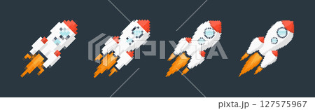 Pixel art rocket with fiery trails, retro games, space-themed designs, apps, or animations. 8-bit style for technology, sci-fi, and futuristic creative projects. Vector illustration 127575967