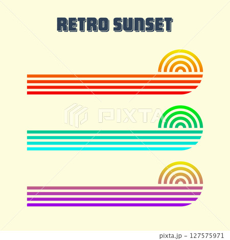 Vintage colorful sunset. Various gradient striped sunrise badges in 80s and 90s style. Sun and ocean view, summer vibes, surfing. Design element for print, logo or t-shirt. Vector illustration 127575971