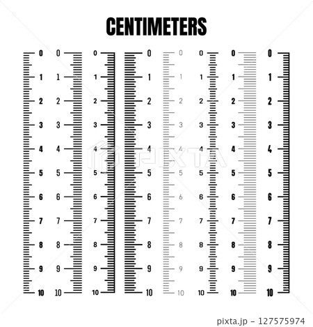 Vertical centimeter scale for measuring length or height. Various measurement scales with divisions. Ruler, tape measure marks, size indicators. Vector illustration 127575974